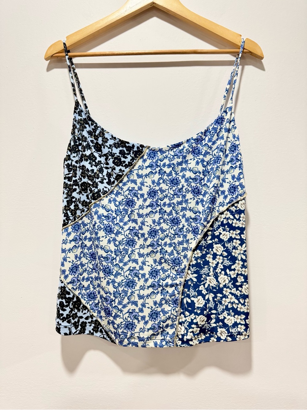 Mango NWT Finta Patchwork Floral Contrast Stitch Cami Tank Top Blue Black Size X - Picture 1 of 9